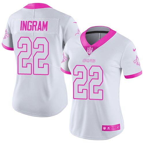 Nike Saints #22 Mark Ingram White Pink Women's Stitched NFL Limited Rush Fashion Jersey