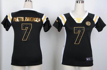 Pittsburgh Steelers 7 Ben Roethlisberger Womens Draft Him Shimmer V-Neck T-Shirt - Black