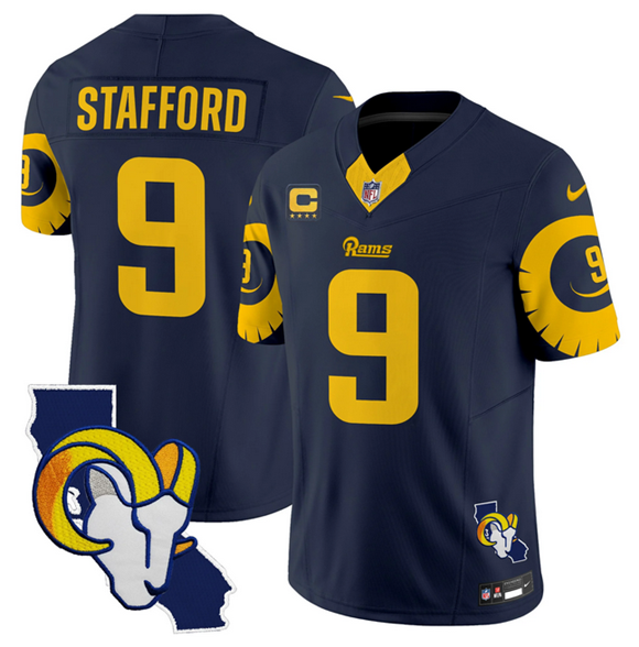 Men's Los Angeles Rams #9 Matthew Stafford Navy 2025 4-Star C Patch F.U.S.E. V2 Limited Stitched Football Jersey