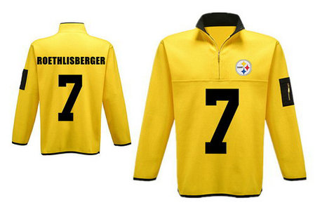 Men's Pittsburgh Steelers 7 Roethlisberger Antigua Charcoal Fortune Sweater Knit Microfleece Quarter-Zip Pullover Yellow Jacket