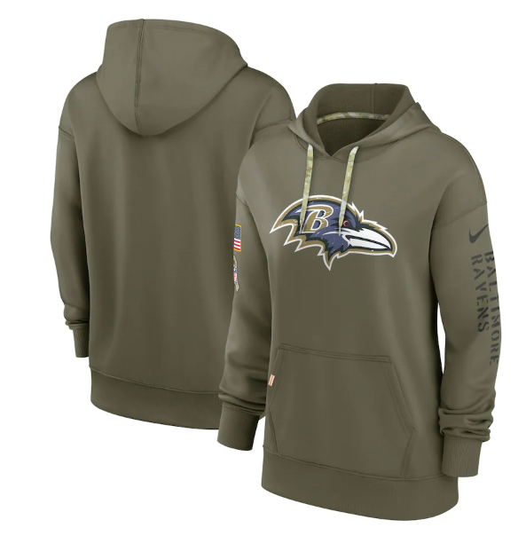Women's Baltimore Ravens 2022 Olive Salute To Service Therma Performance Pullover Hoodie(Run Small)