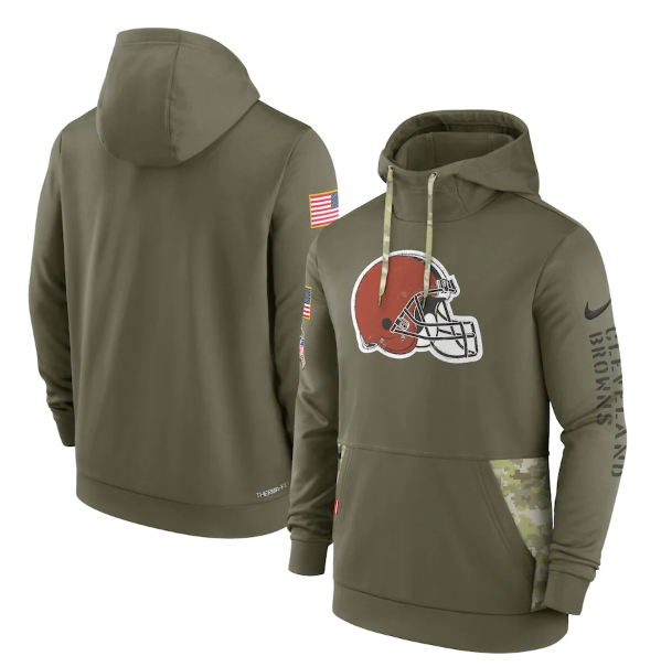 Men's Cleveland Browns 2022 Olive Salute To Service Therma Performance Pullover Hoodie