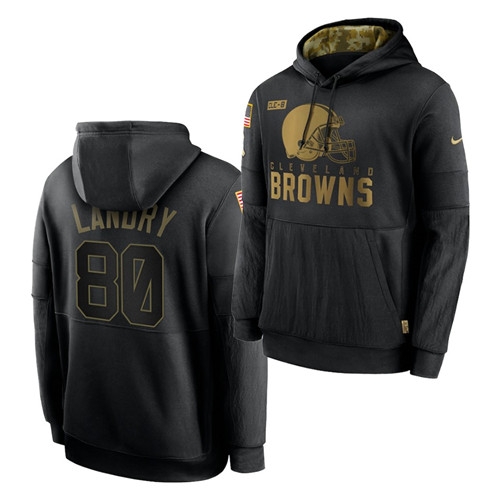Men's Cleveland Browns #80 Jarvis Landry 2020 Salute To Service Black Sideline Performance Pullover Hoodie