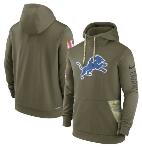 Men's Detroit Lions 2022 Olive Salute To Service Therma Performance Pullover Hoodie