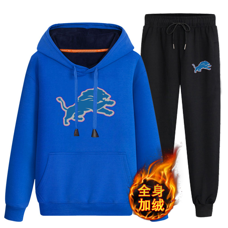 Detroit Lions Bule Men's Winter Thicken NFL Pullover Hoodie & Pant