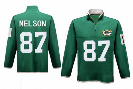 Men's Green Bay Packers 87 Nelson Antigua Green Fortune Sweater Knit Microfleece Quarter-Zip Pullover Green Jacket