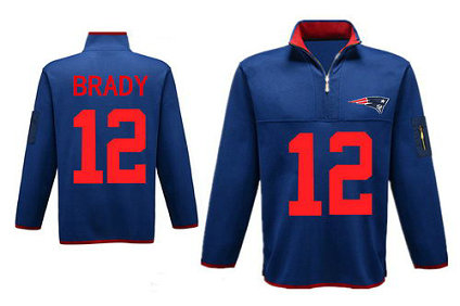 Men's New England Patriots 12 Tom Brady Antigua Charcoal Fortune Sweater Knit Microfleece Quarter-Zip Pullover Blue Jacket
