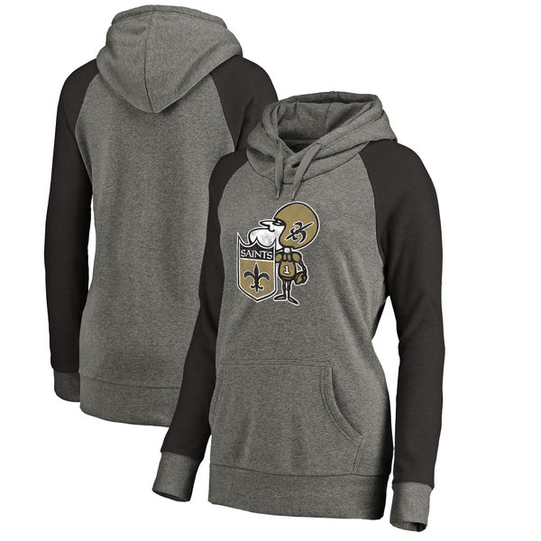 New Orleans Saints NFL Pro Line By Fanatics Branded Women's Throwback Logo Tri-Blend Raglan Plus Size Pullover Hoodie Gray Black