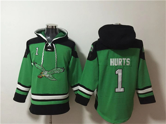 Men's Philadelphia Eagles #1 Jalen Hurts Green Ageless Must-Have Lace-Up Pullover HoodieS