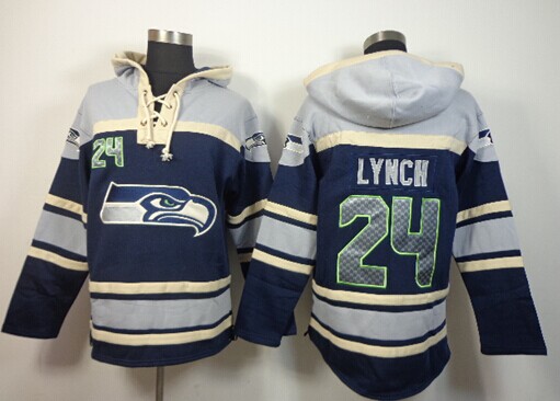 Seattle Seahawks #24 Marshawn Lynch Grey-Blue Sawyer Hooded Sweatshirt Stitched Jersey