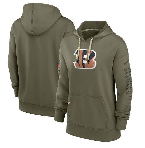 Women's Cincinnati Bengals 2022 Olive Salute To Service Therma Performance Pullover Hoodie(Run Small)