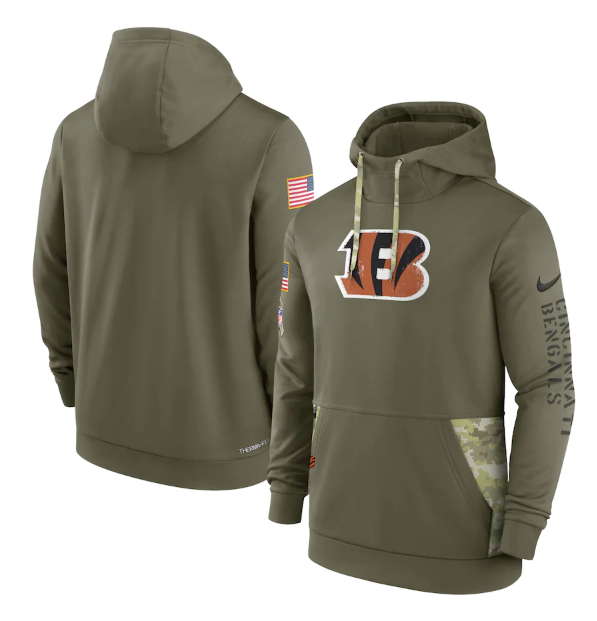 Men's Cincinnati Bengals 2022 Olive Salute To Service Therma Performance Pullover Hoodie