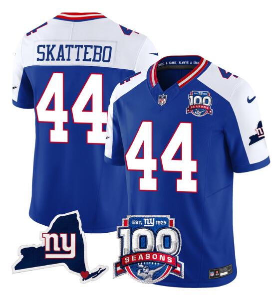 Men's New York Giants #44 Cam Skattebo Royal White 2025 Draft F.U.S.E. 100th Season & State Patch Vapor Limited Stitched Football Jersey