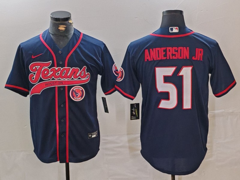 Men's Houston Texans #51 Will Anderson Jr. Navy With Patch Cool Base Stitched Baseball Jersey 2