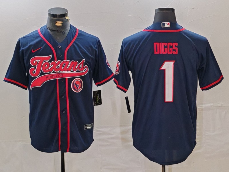 Men's Houston Texans #1 Stefon Diggs Navy With Patch Cool Base Stitched Baseball Jersey 2
