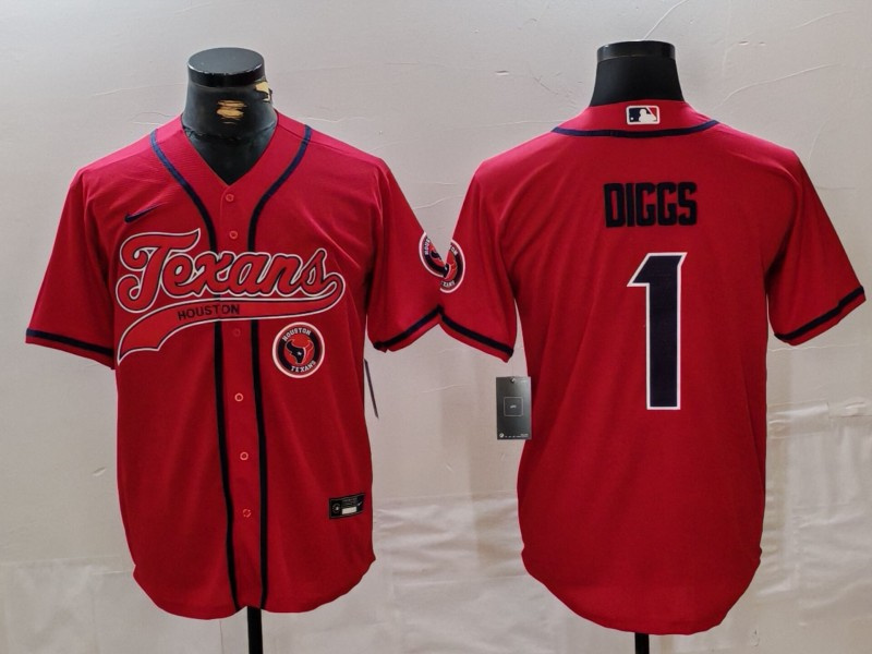 Men's Houston Texans #1 Stefon Diggs Red With Patch Cool Base Stitched Baseball Jersey 3