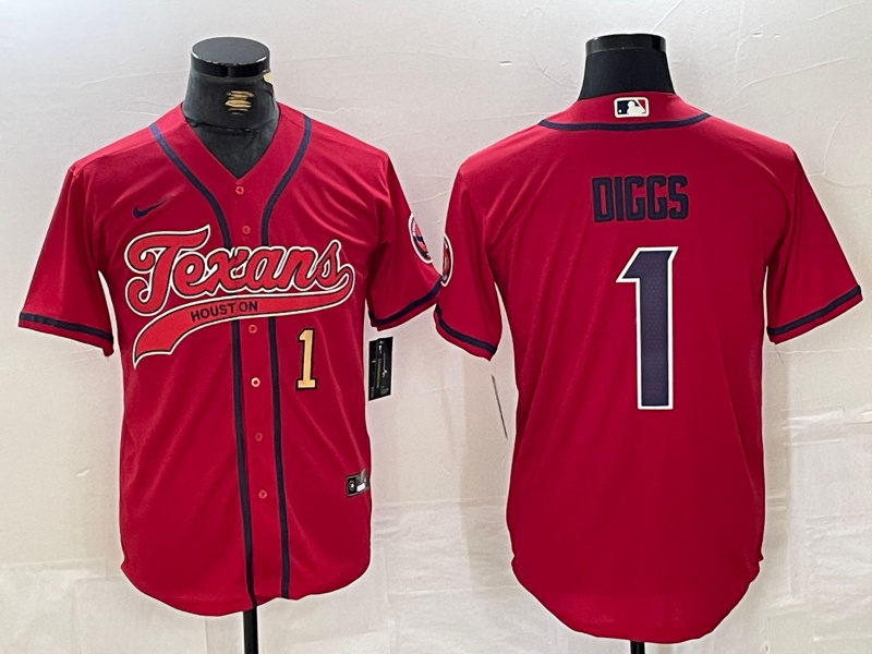 Men's Houston Texans #1 Stefon Diggs Red With Patch Cool Base Stitched Baseball Jersey 2
