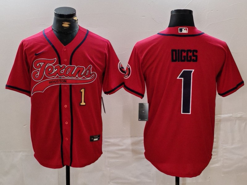 Men's Houston Texans #1 Stefon Diggs Red With Patch Cool Base Stitched Baseball Jersey 1