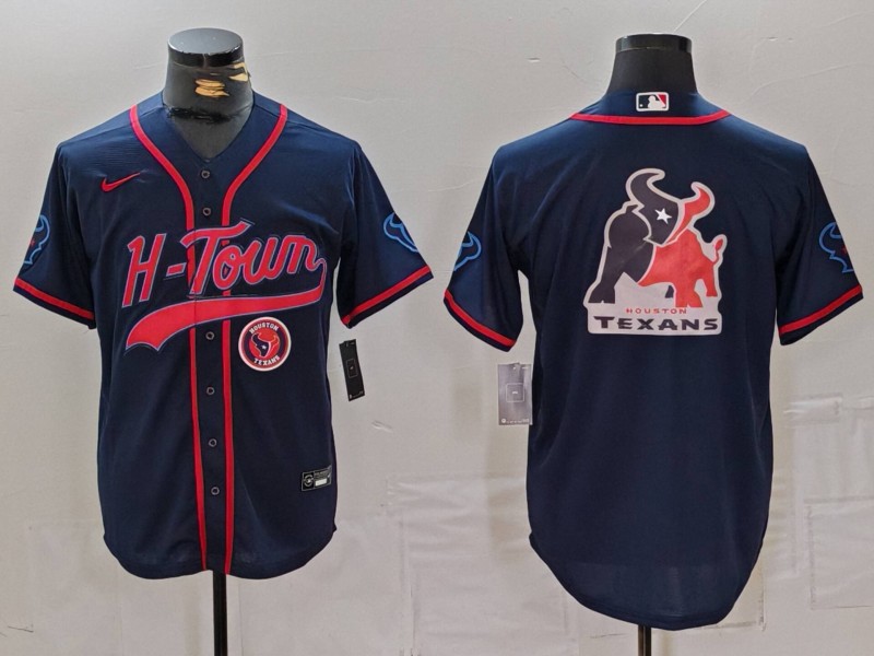 Men's Houston Texans Team Big Logo Navy With Patch Cool Base Stitched Baseball Jersey 1