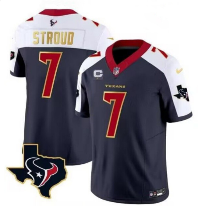 Men's Houston Texans #7 C.J. Stroud Navy White Gold 2024 F.U.S.E. With 1-Star C Patch Limited Stitched Jersey