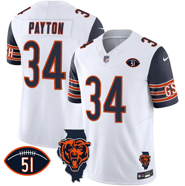 Men's Chicago Bears #34 Walter Payton White Navy F.U.S.E. With Illinois And No. 51 Patch Stitched Football Jersey