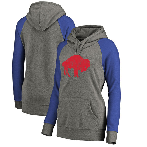 Buffalo Bills NFL Pro Line By Fanatics Branded Women's Throwback Logo Tri-Blend Raglan Plus Size Pullover Hoodie Gray Royal