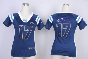 San Diego Chargers 17 Philip Rivers Womens Draft Him Shimmer V-Neck T-Shirt - Navy Blue