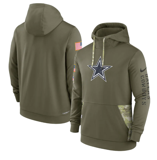 Men's Dallas Cowboys 2022 Olive Salute To Service Therma Performance Pullover Hoodie