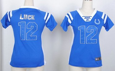 Indianapolis Colts 12 Andrew Luck Womens Draft Him Shimmer V-Neck T-Shirt - Royal Blue