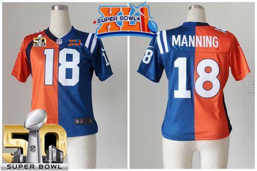 Women's Nike Colts #18 Peyton Manning Orange Blue Super Bowl XLI & Super Bowl 50 Stitched NFL Elite Split Broncos Jersey