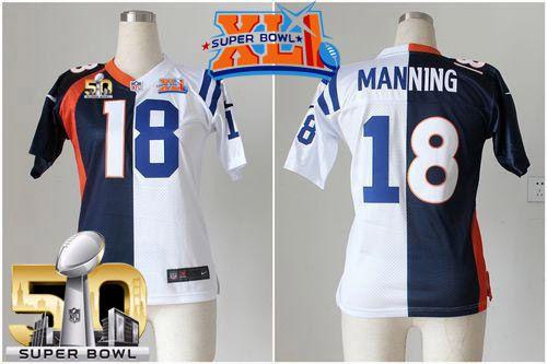 Women's Nike Colts #18 Peyton Manning Blue White Super Bowl XLI & Super Bowl 50 Stitched NFL Elite Split Broncos Jersey
