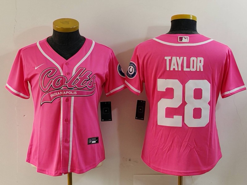 Women's Indianapolis Colts #28 Jonathan Taylor Pink With Patch Cool Base Stitched Baseball Jersey(Run Small) 2