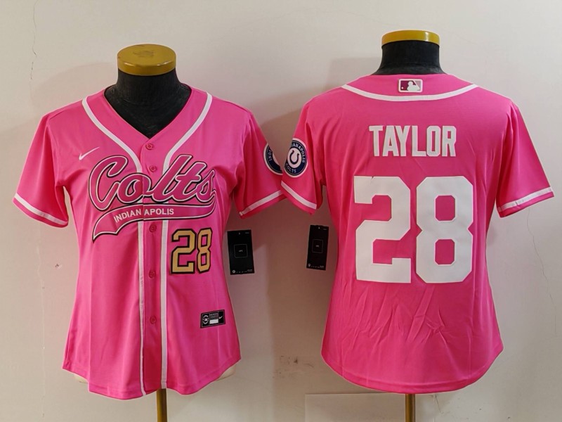 Women's Indianapolis Colts #28 Jonathan Taylor Pink With Patch Cool Base Stitched Baseball Jersey(Run Small) 1