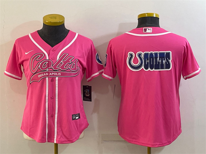 Women's Indianapolis Colts Team Big Logo Pink With Patch Cool Base Stitched Baseball Jersey(Run Small)
