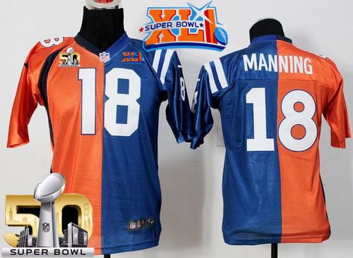 Youth Nike Broncos #18 Peyton Manning Orange Blue Super Bowl XLI & Super Bowl 50 Stitched NFL Elite Split Colts Jersey