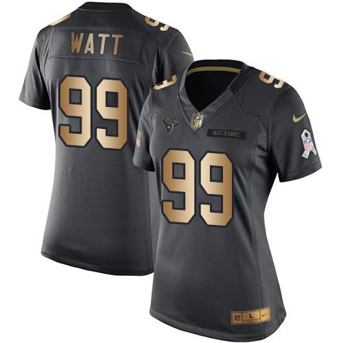 Nike Texans #99 J.J. Watt Black Women's Stitched NFL Limited Gold Salute to Service Jersey