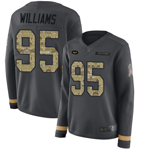 Jets #95 Quinnen Williams Anthracite Salute to Service Women's Stitched Football Limited Therma Long Sleeve Jersey