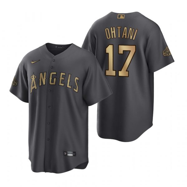 Mens Cool Base Shohei Ohtani Los Angeles Angels 2022 MLB All-Star Game Charcoal Black Stitched Jersey