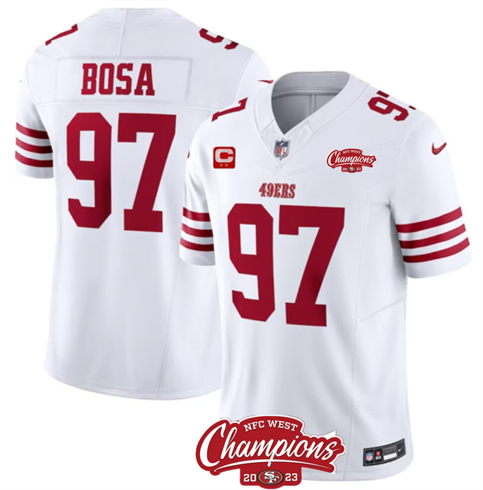 Men's San Francisco 49ers #97 Nick Bosa White 2023 F.U.S.E. With 2-Star C Patch And NFC West Champions Patch Stitched Football Jersey