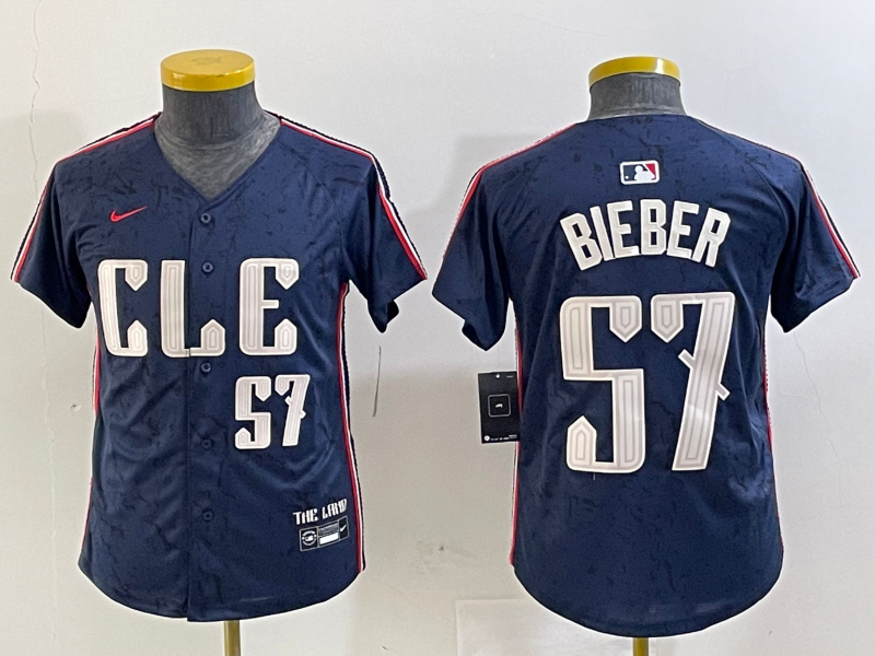Youth Cleveland Guardians #57 Shane Bieber Navy 2024 City Connect Limited Stitched Baseball Jersey 2