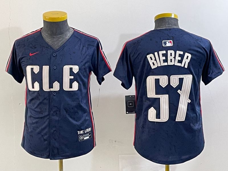 Youth Cleveland Guardians #57 Shane Bieber Navy 2024 City Connect Limited Stitched Baseball Jersey 4