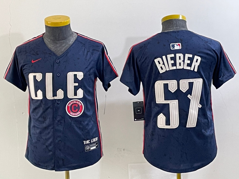 Youth Cleveland Guardians #57 Shane Bieber Navy 2024 City Connect Limited Stitched Baseball Jersey 1