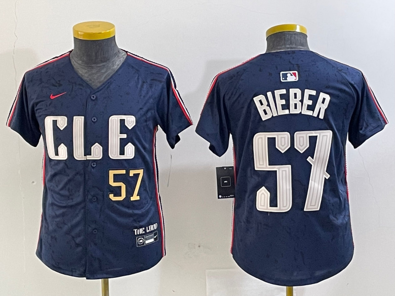 Youth Cleveland Guardians #57 Shane Bieber Navy 2024 City Connect Limited Stitched Baseball Jersey