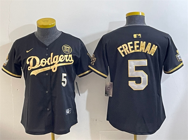 Women's Los Angeles Dodgers #5 Freddie Freeman Black 1 Gold 2024 World Series With Fernando Memorial Patch Limited Stitched Baseball Jersey(Run Small)