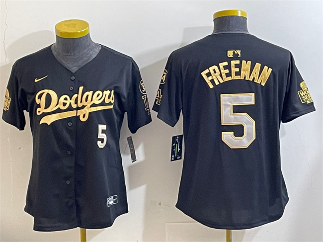 Women's Los Angeles Dodgers #5 Freddie Freeman Black Gold 2024 World Series With Fernando Memorial Patch Limited Stitched Baseball Jersey(Run Small)