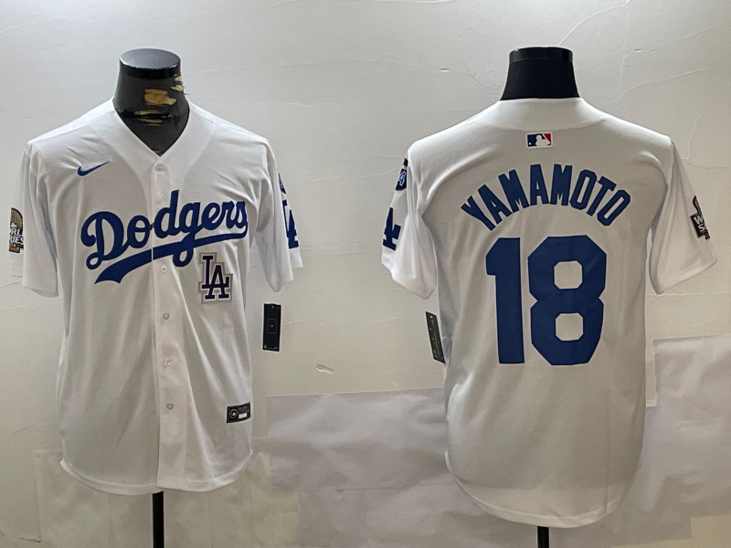 Men's Los Angeles Dodgers #18 Yoshinobu Yamamoto White 2024 World Series With Fernando Memorial Patch Home Limited Stitched Baseball Jersey 5