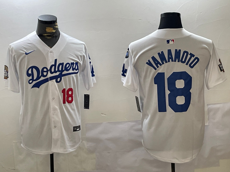 Men's Los Angeles Dodgers #18 Yoshinobu Yamamoto White 2024 World Series With Fernando Memorial Patch Home Limited Stitched Baseball Jersey 3