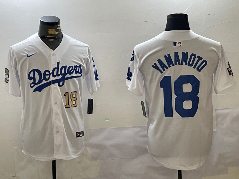 Men's Los Angeles Dodgers #18 Yoshinobu Yamamoto White 2024 World Series With Fernando Memorial Patch Home Limited Stitched Baseball Jersey 2