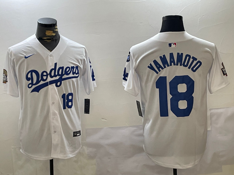 Men's Los Angeles Dodgers #18 Yoshinobu Yamamoto White 2024 World Series With Fernando Memorial Patch Home Limited Stitched Baseball Jersey