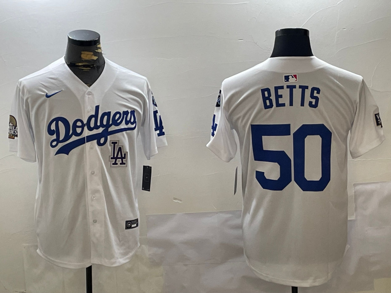 Men's Los Angeles Dodgers #50 Mookie Betts White 2024 World Series With Fernando Memorial Patch Home Limited Stitched Baseball Jersey 6